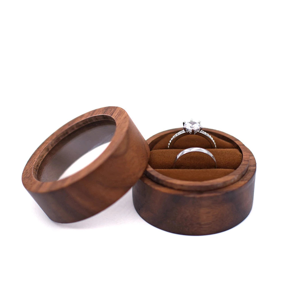 Personalized Wooden Wedding Ring Box with Clear Acrylic Cover, Custom Round Engagement Proposal Holder, Double Ring Bearer Box