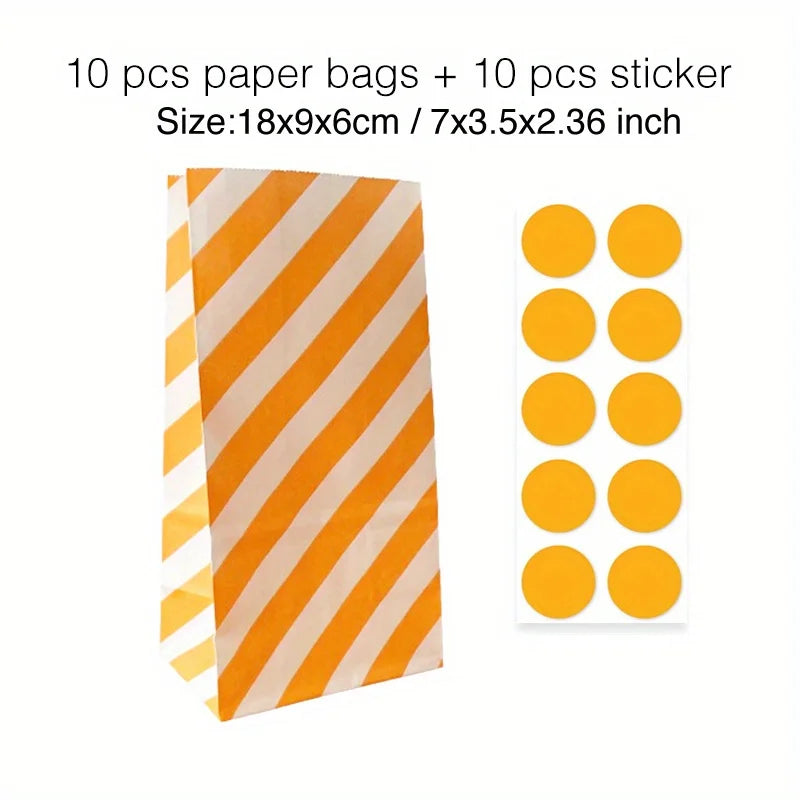 10 pcs Colorful Solid Stripe and Polka Dot Stand-Up Bags with Stickers - 18x9x6cm Favor Gift Packing Treat Bags for Wedding