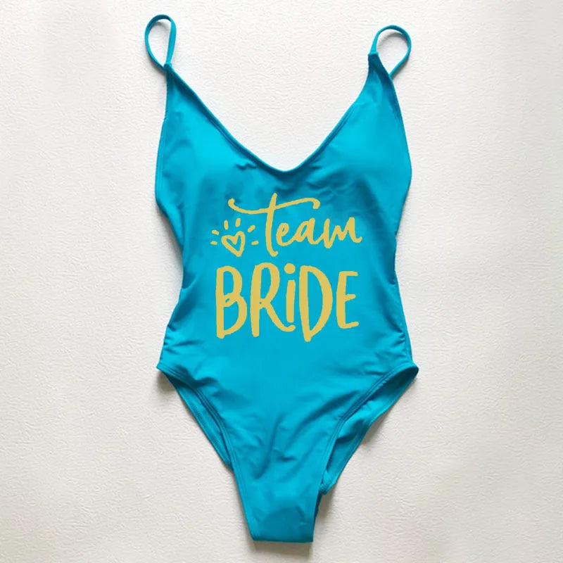 Sexy Padded Swimwear Women Team Bride Love Print One Piece Swimsuit Summer Bathing Suit Bachelor Party Beachwear backless bikini