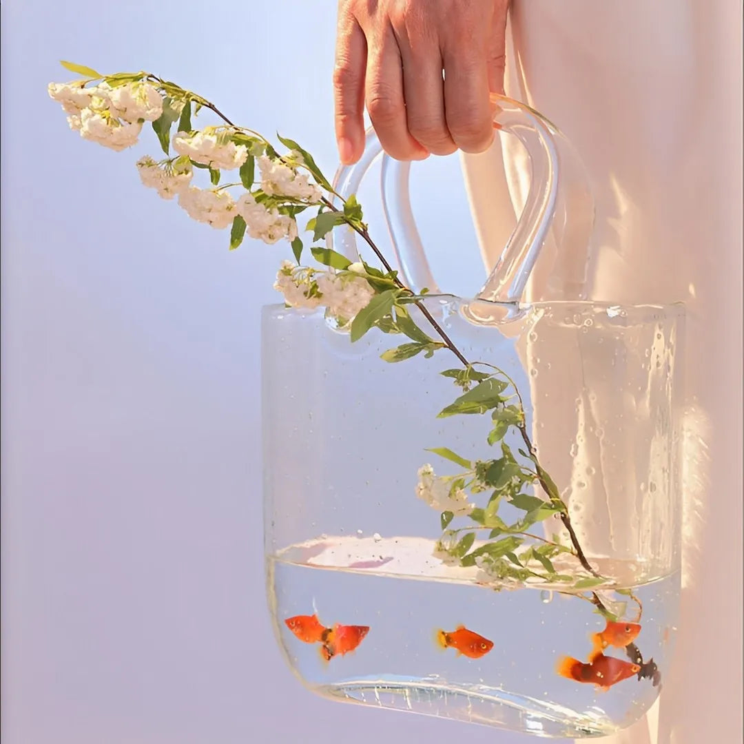 Clear Glass Vase Fish Tank Tote Bag Flower Handbag Bag Vase Desktop Centerpiece for School Office Bedroom Decoration