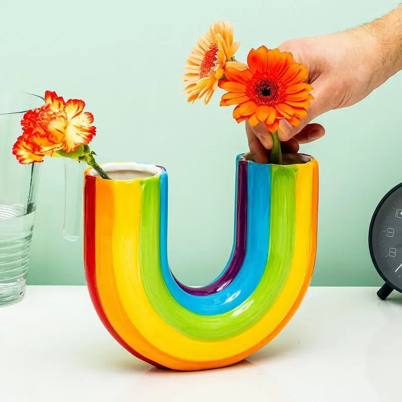 Modern Simple U Shape Vase Creative Rainbow Dried Flower Vase Modern Aesthetic Ornaments Resin Flowerpot For Office Home Decor
