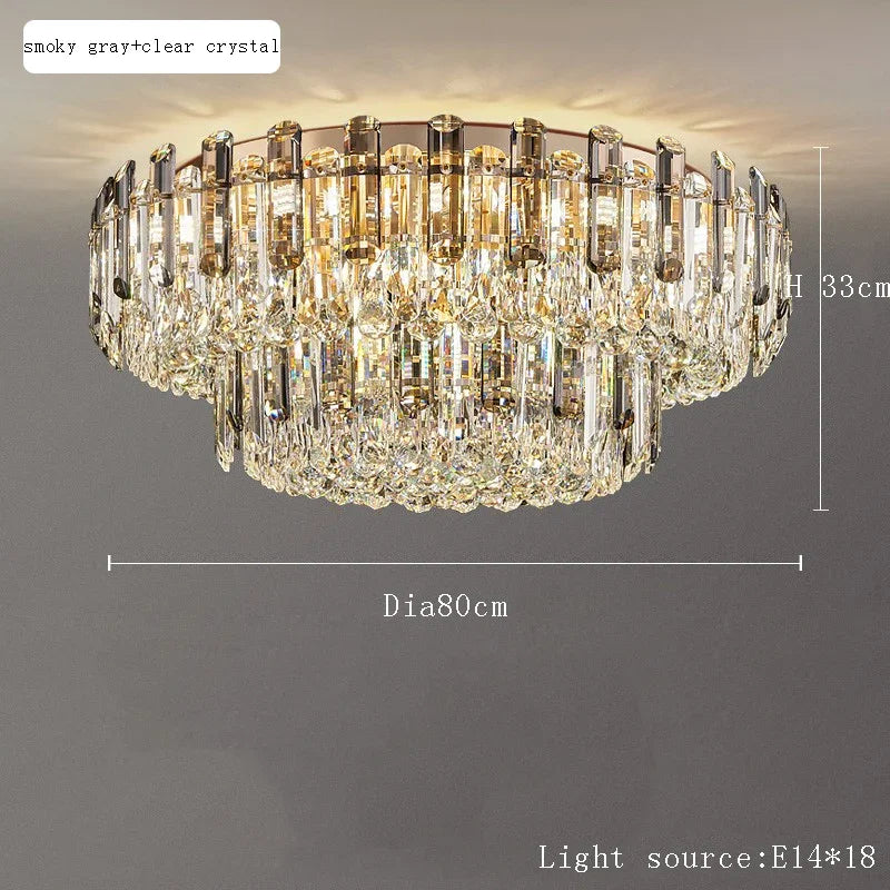 Modern Luxury Ceiling Lamp Smoke Clear Crystal Led Round Lighting for Living Room Bedroom Dining Room Gold Ceiling Chandelier