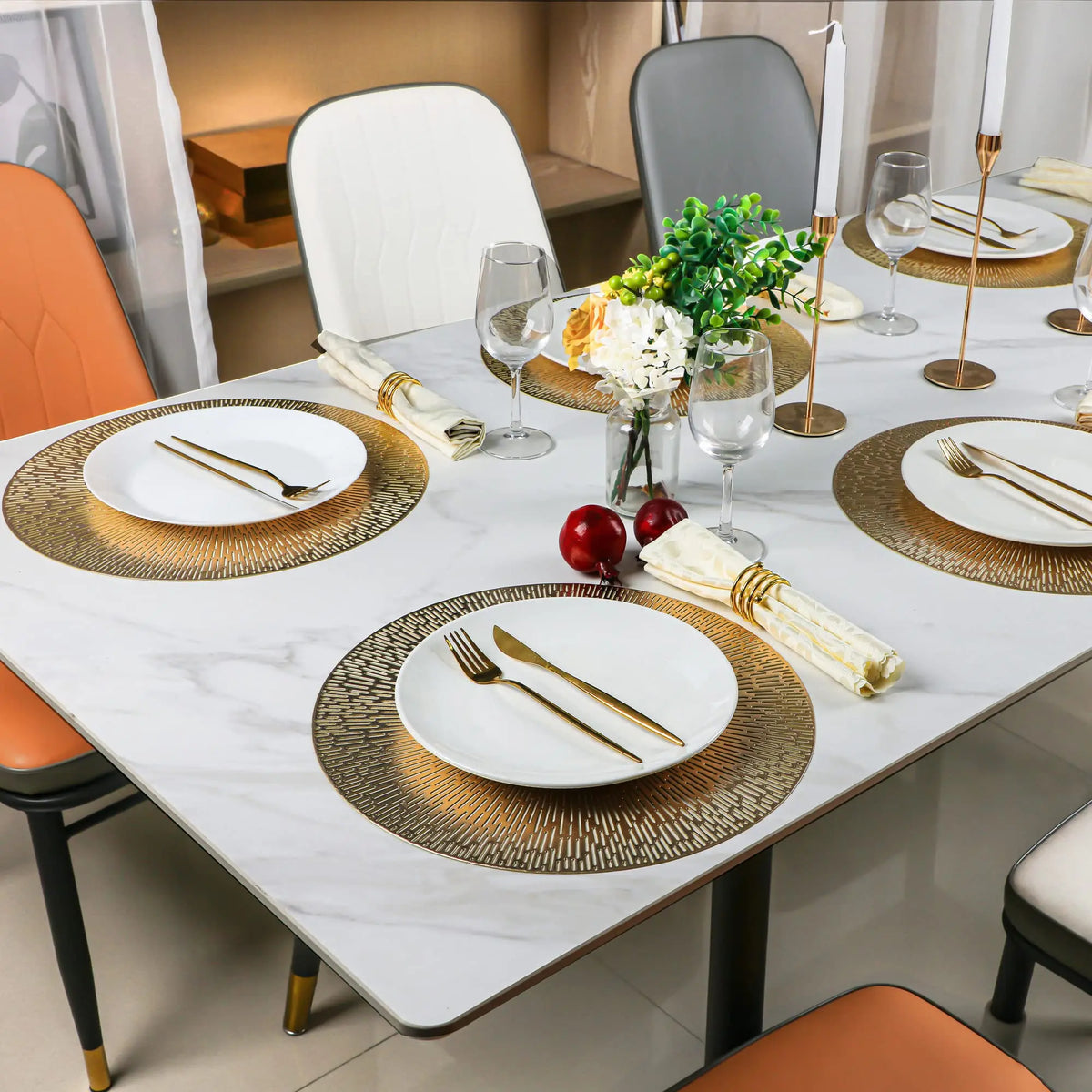 Round Placemats Gold Metallic Set of 6 Vinyl Placemats 15in ,Easy Clean Wipeable Non-Slip Stain Heat Resistant Table Place Mats