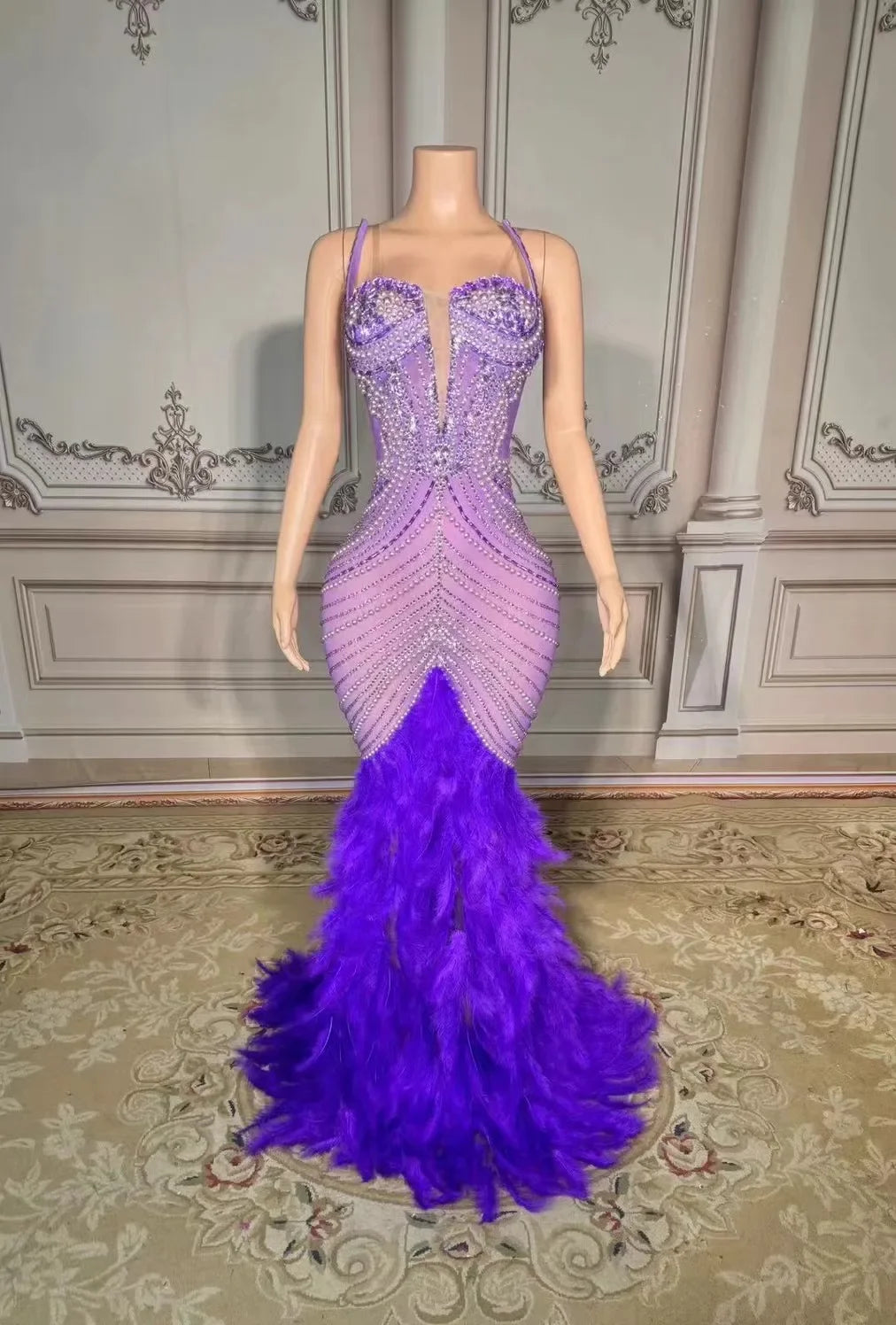 New Sparkly Rhinestones Pearls Floor-length Feathers Dress Women Birthday Celebrate Wedding Evening Prom Dress Photo Shoot Wear
