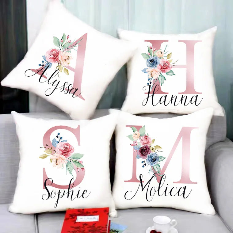Personalised Pillow Cases Custom Initial Flower with Name Cushion Cover Decortion Pillowcase Housewarming Birthday Wedding Gifts