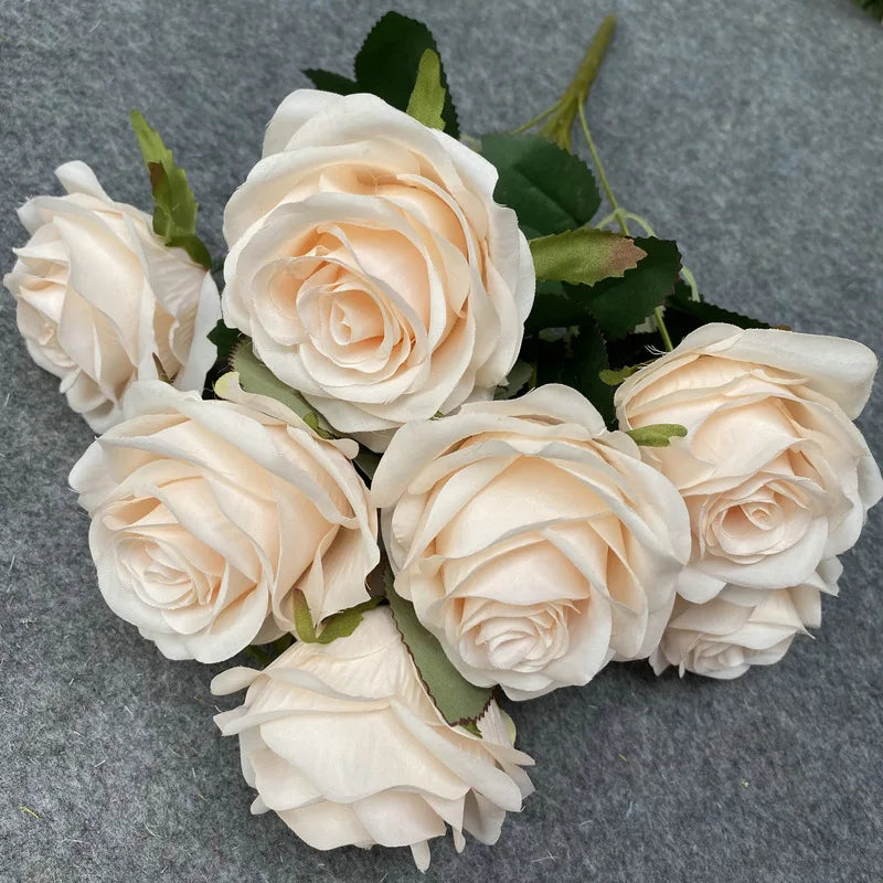 9Head Artificial Pink Rose Bouquet Flower Wedding Bridal Photography Props Home Garden Decoration Simulation Silk Rose Bouquet