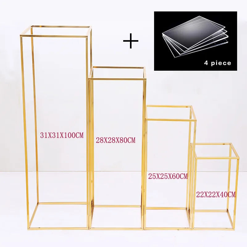 4pcs Shiny Gold Iron Plinths Pillar Cake Holder Metal Frame Backdrops Wedding Centerpiece Flower Stand Home Crafts Rack Decor