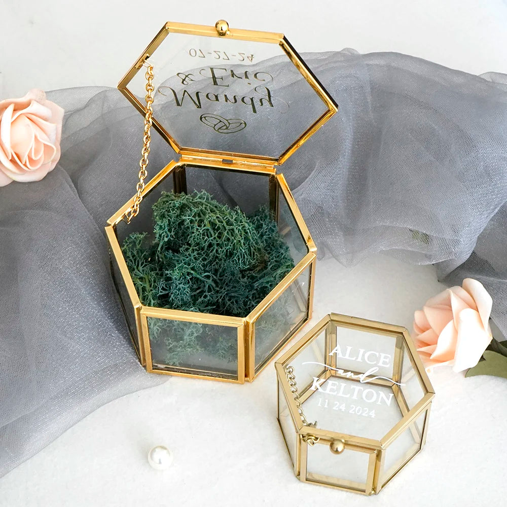 Custom Glass Ring Box Wedding Engagement Decor Gold Hexagon/Rectangle Ring Box Jewelry Storage Ring Bearer Box DIY Gift