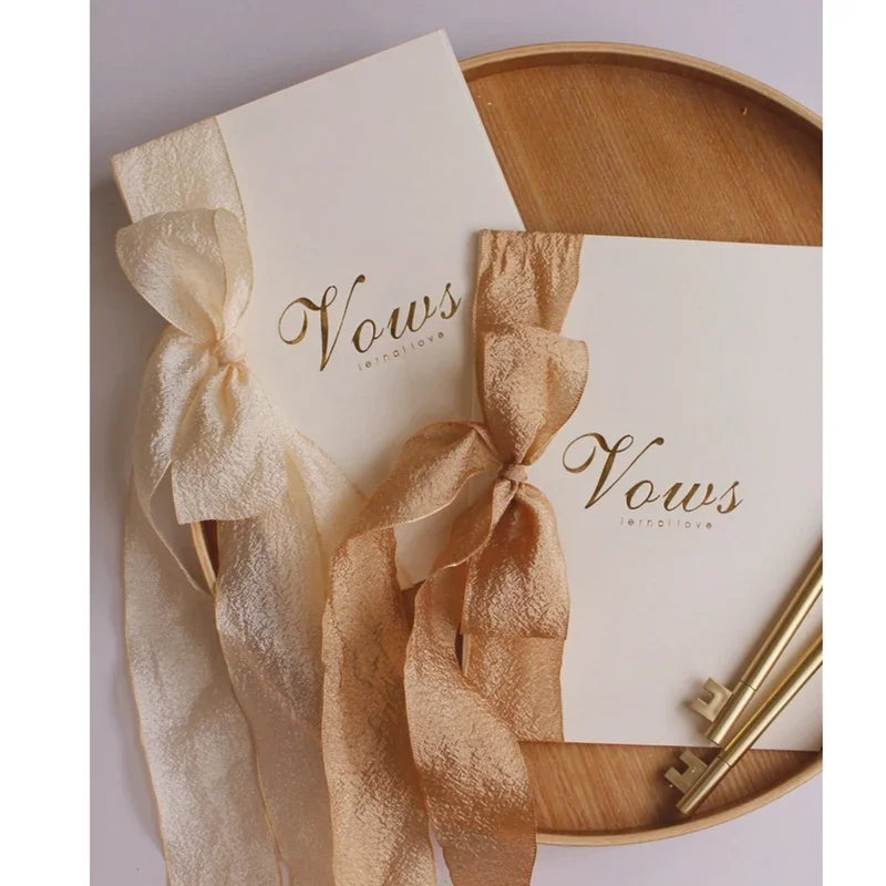 2Pcs/Set Romantic Wedding Favors Bride And Groom Vows Card with  Chiffon Ribbons Gold Pen Book His & Her Photo Props Vow Gift