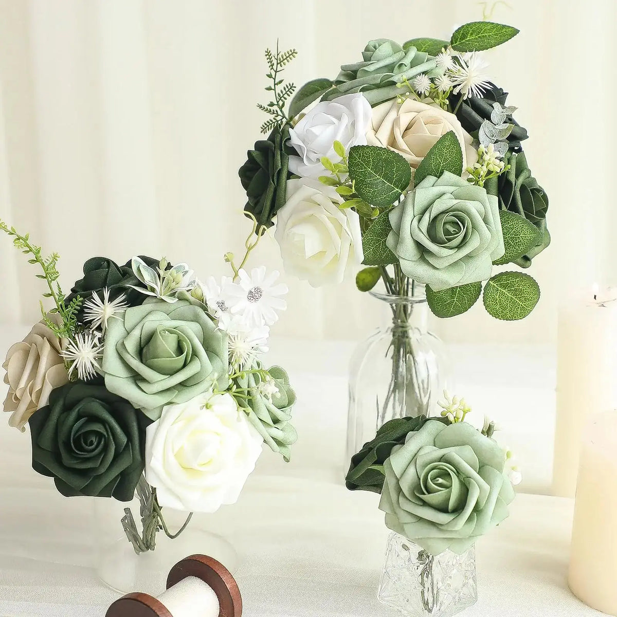 Artificial Flowers 25pcs Real Looking Elf Green Foam Fake Roses with Stems for DIY Wedding Bouquets Bridal Shower Centerpieces S