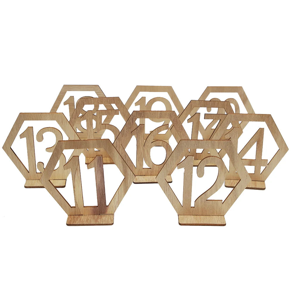 1Set Wedding Table Numbers Sign Hexagon Wooden Seat Number Holders Wedding Decoration Birthday Party Engagement Supplies