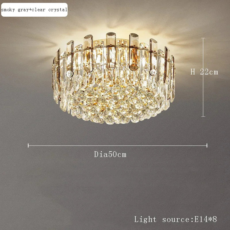 Modern Luxury Ceiling Lamp Smoke Clear Crystal Led Round Lighting for Living Room Bedroom Dining Room Gold Ceiling Chandelier