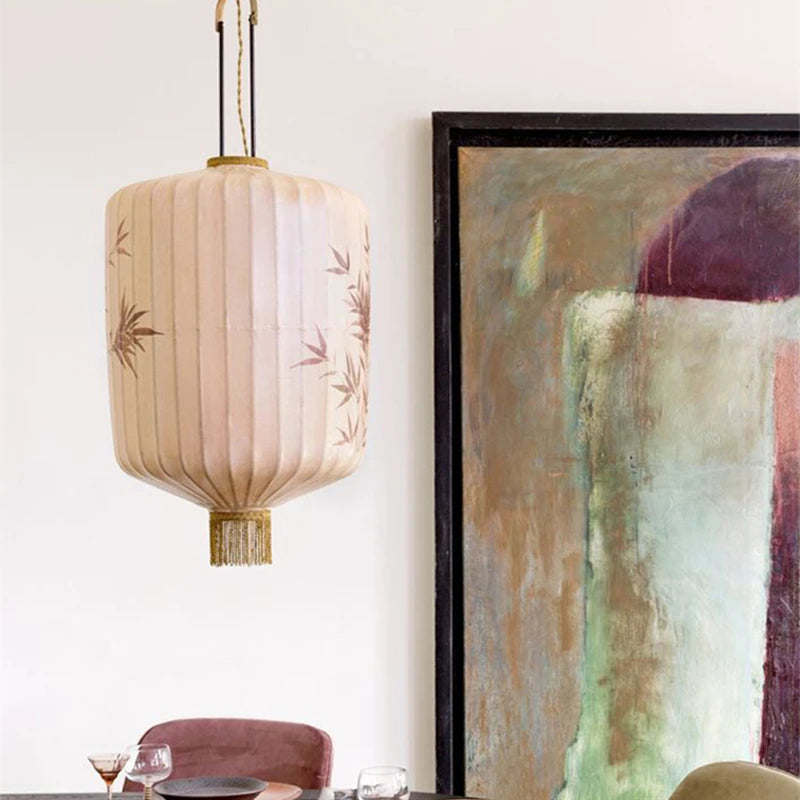 New Chinese Fabric Lantern Lamp For Restaurant Living Room Retro Hotel Homestay Balcony Hand Drawn Pattern Chandelier Free Bulb