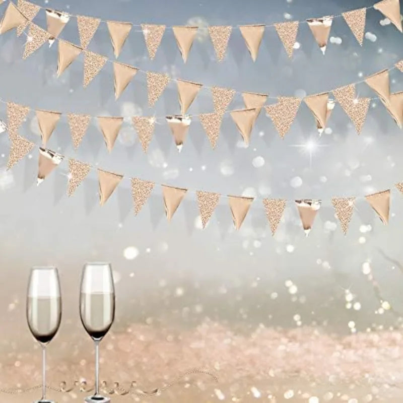 Champagne Gold Triangle Flag Pennant Banner Bunting for Graduation Birthday Wedding Nautical Ahoy Achor Theme Party Supplies