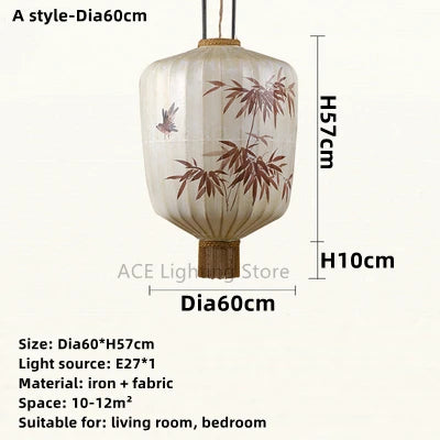 New Chinese Fabric Lantern Lamp For Restaurant Living Room Retro Hotel Homestay Balcony Hand Drawn Pattern Chandelier Free Bulb