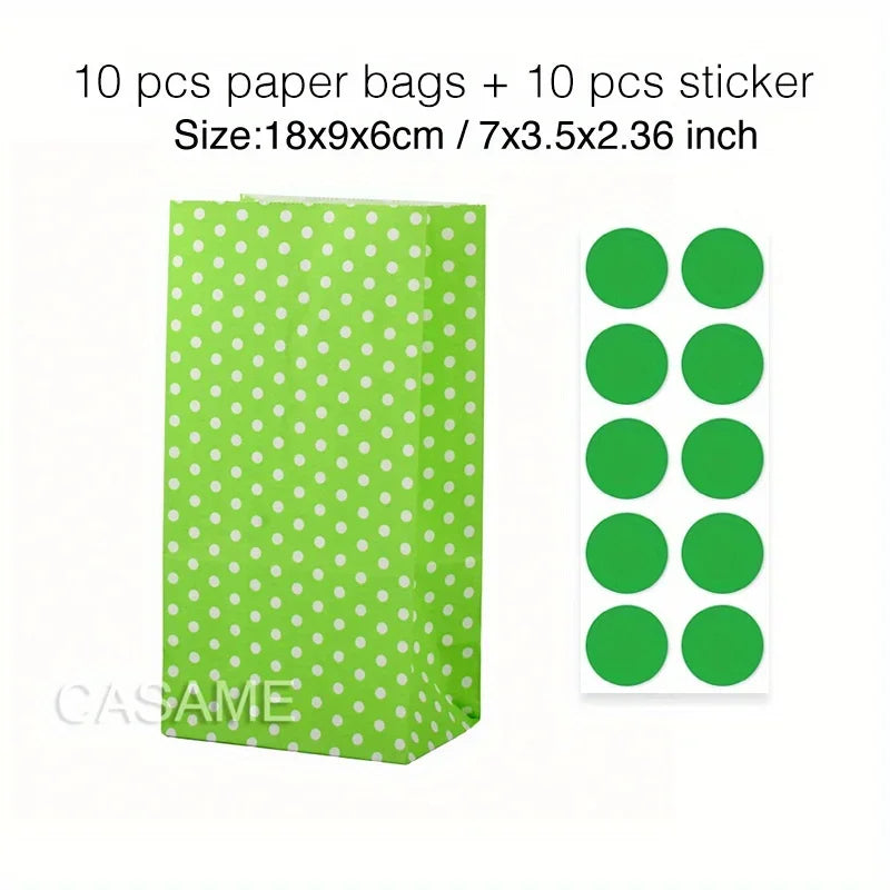 10 pcs Colorful Solid Stripe and Polka Dot Stand-Up Bags with Stickers - 18x9x6cm Favor Gift Packing Treat Bags for Wedding
