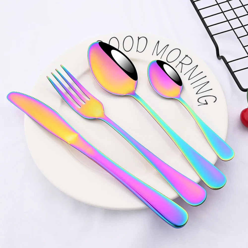 Promotion Dinnerware Set Stainless Steel Colorful Rainbow Gold Knife Fork Teaspoon Dishwasher Safe Silverware Set Cutlery Box