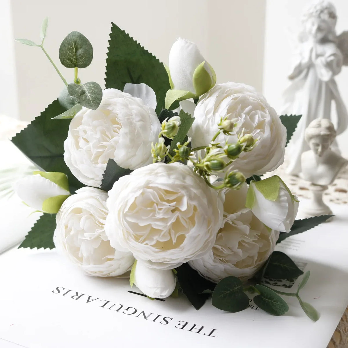 30cm Rose White Peony Artificial Flowers Bouquet 5 Big Head and 4 Bud Cheap Fake Flowers for Home Wedding Decoration Indoor