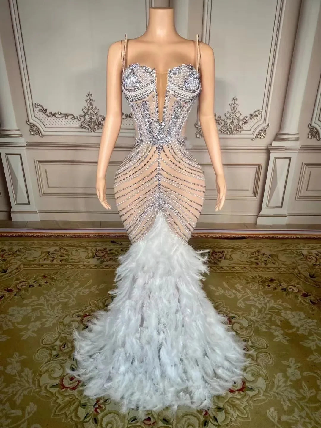New Sparkly Rhinestones Pearls Floor-length Feathers Dress Women Birthday Celebrate Wedding Evening Prom Dress Photo Shoot Wear