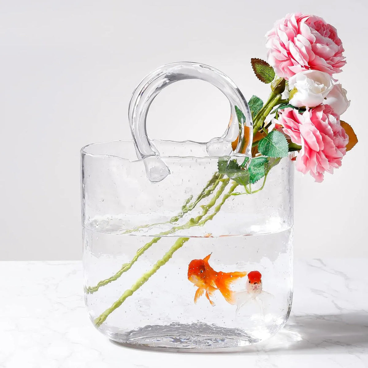 Clear Glass Vase Fish Tank Tote Bag Flower Handbag Bag Vase Desktop Centerpiece for School Office Bedroom Decoration