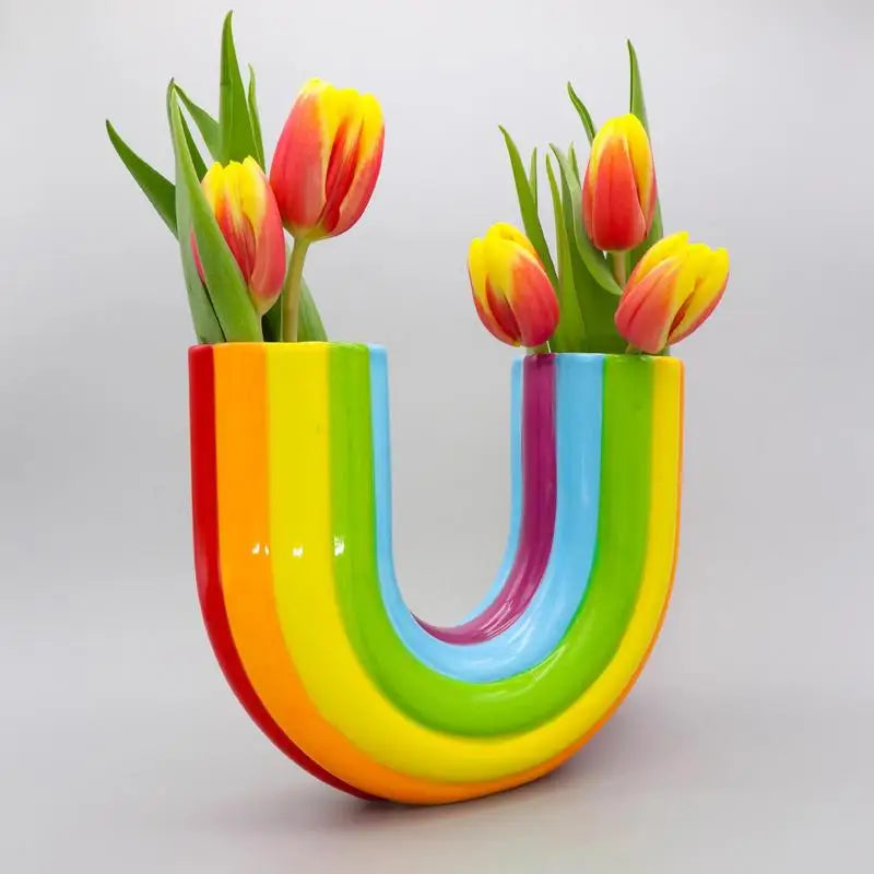 Modern Simple U Shape Vase Creative Rainbow Dried Flower Vase Modern Aesthetic Ornaments Resin Flowerpot For Office Home Decor
