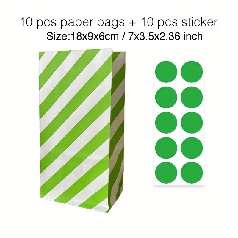 10 pcs Colorful Solid Stripe and Polka Dot Stand-Up Bags with Stickers - 18x9x6cm Favor Gift Packing Treat Bags for Wedding