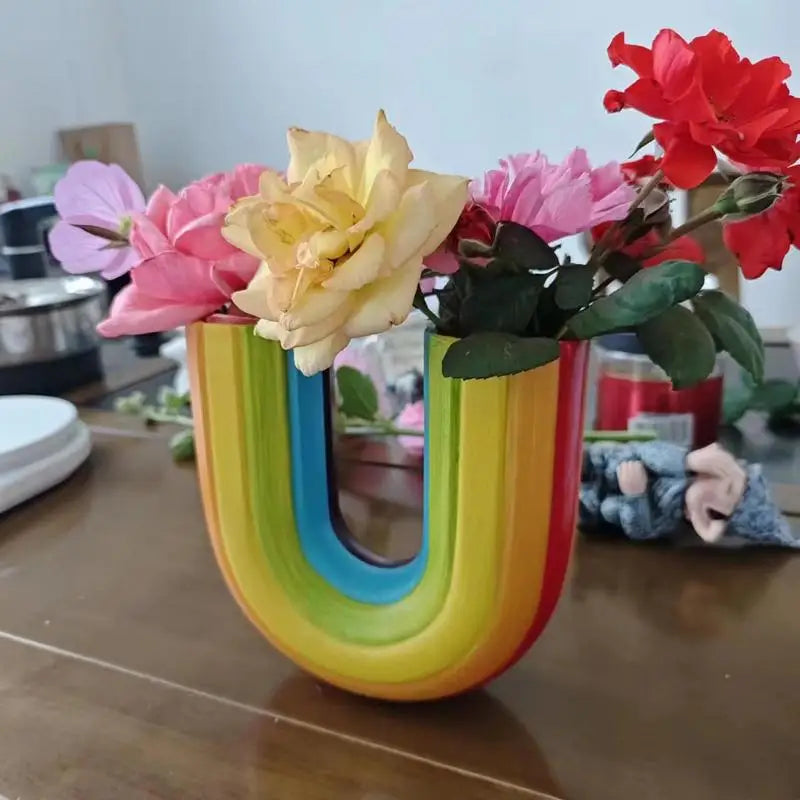 Modern Simple U Shape Vase Creative Rainbow Dried Flower Vase Modern Aesthetic Ornaments Resin Flowerpot For Office Home Decor
