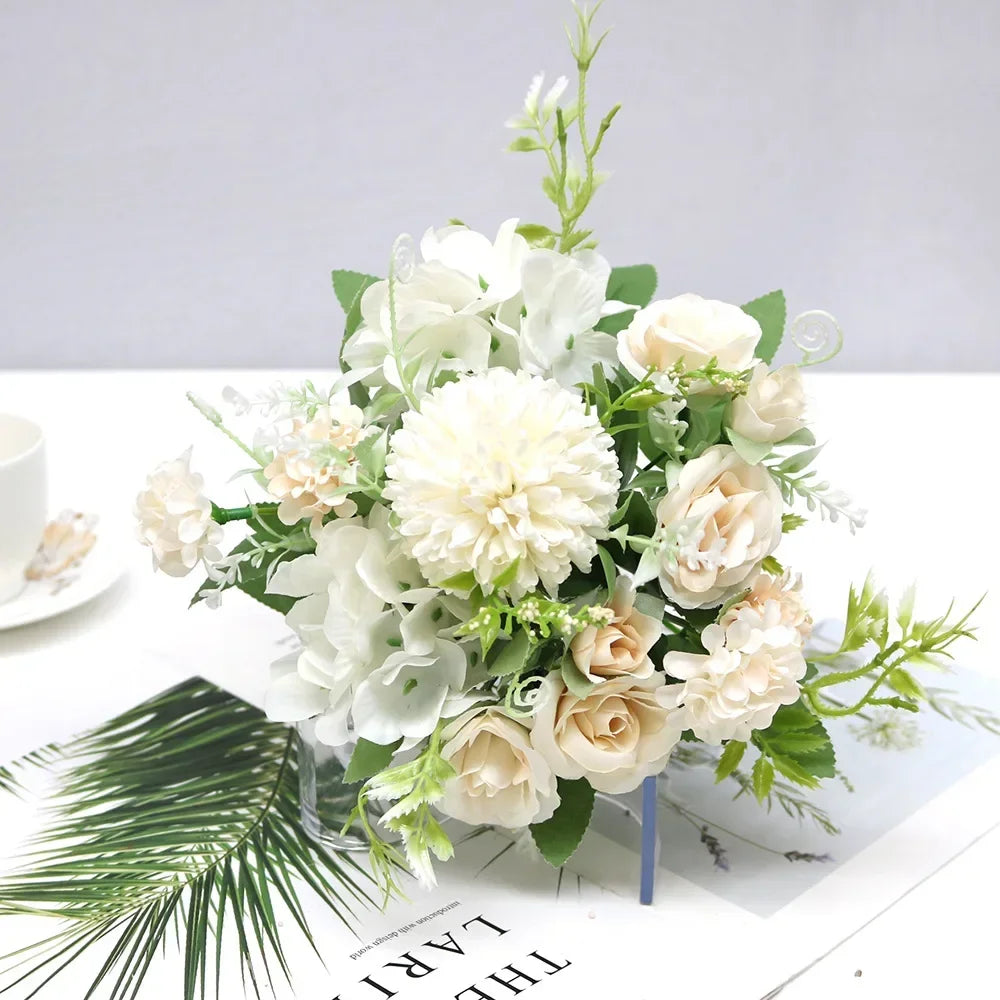 7 Heads Hydrangea Flowers Artificial Bouquet Silk Blooming Fake Peony Bridal Hand Flower Roses Wedding Centerpieces Decor