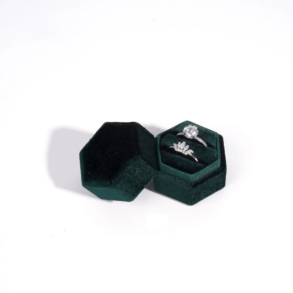Vintage Hexagon Velvet Jewelry Double Ring Box Empty Case Holder for Engagement Wedding Ceremony Valentines Day Gift Organizer