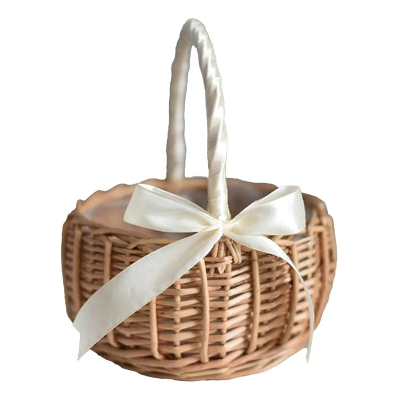 Hand-woven Wedding Flower Basket With Handle Wicker Sundries Basket Wedding Flower Girls Basket for Home Picnic Storage Basket
