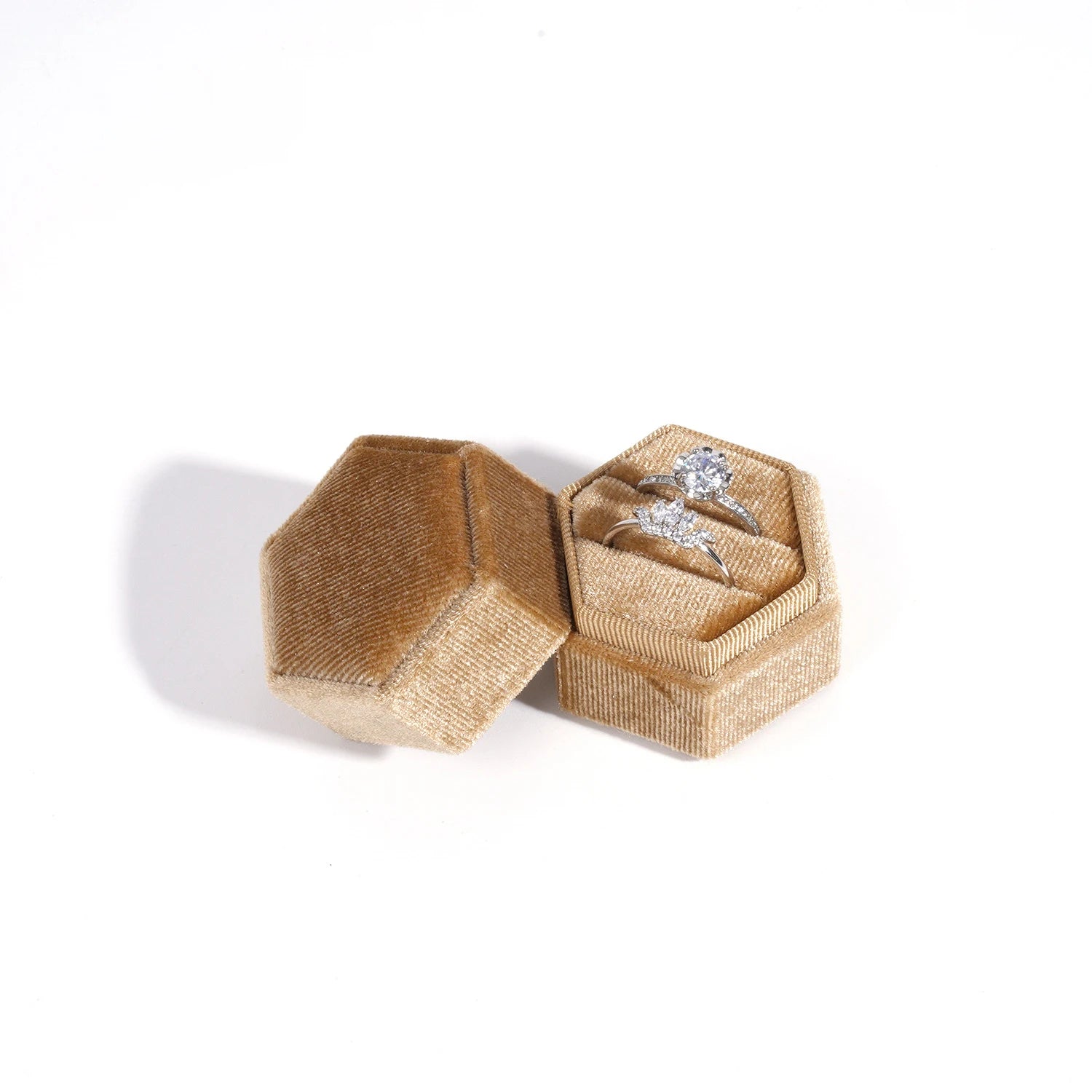 Vintage Hexagon Velvet Jewelry Double Ring Box Empty Case Holder for Engagement Wedding Ceremony Valentines Day Gift Organizer