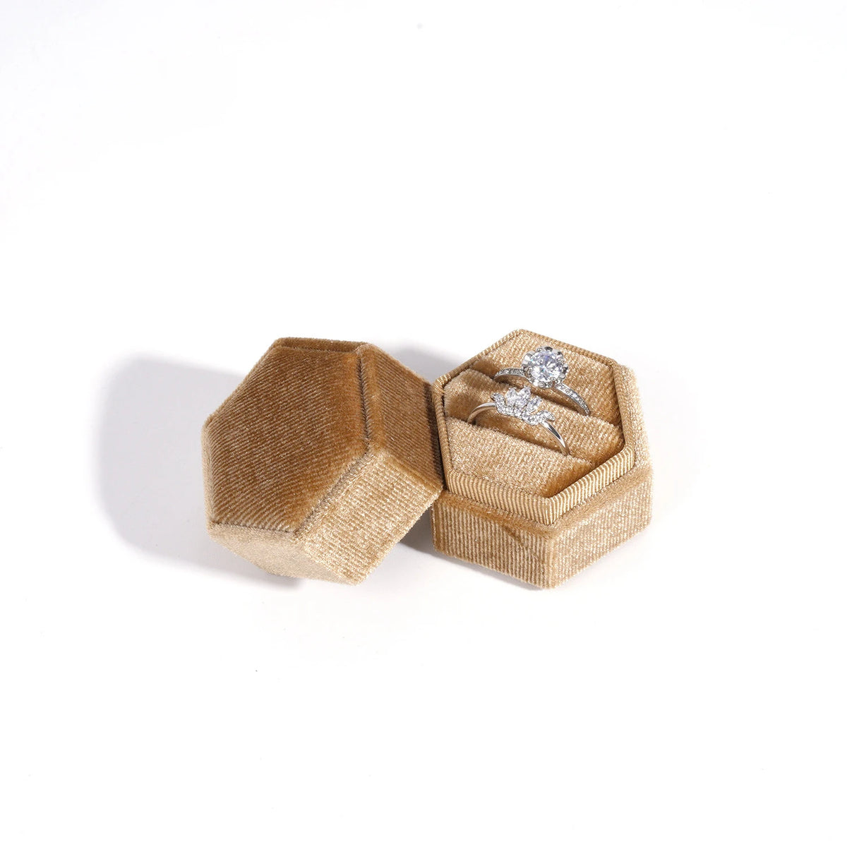 Vintage Hexagon Velvet Jewelry Double Ring Box Empty Case Holder for Engagement Wedding Ceremony Valentines Day Gift Organizer