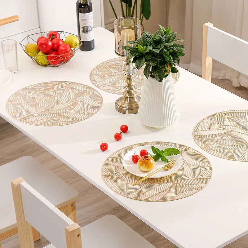 6/4Pcs Leaf shape Placemats PVC Hollow Irregular Line Placemat Dining Table Decoration Pad Dinner Cutout Hangable Gold Tablemat