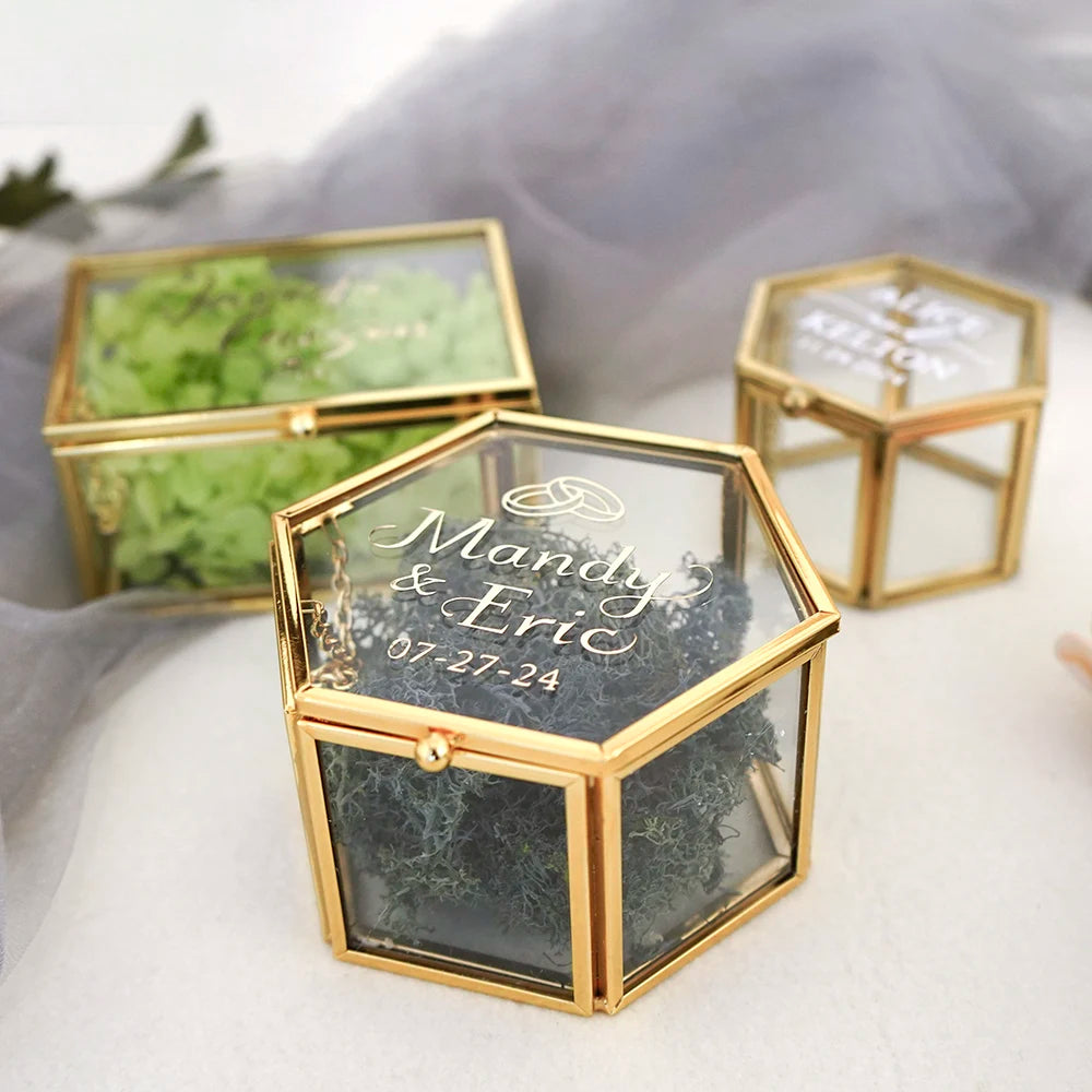 Custom Glass Ring Box Wedding Engagement Decor Gold Hexagon/Rectangle Ring Box Jewelry Storage Ring Bearer Box DIY Gift