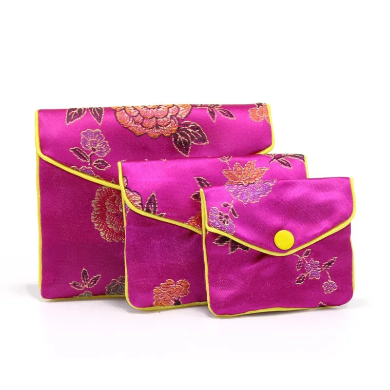 Hot High Quality Chinese Brocade Handmade Silk Embroidery Small Jewelry Gift Storage Pouch Bag Snap Case Satin Coin Purse 5pcs
