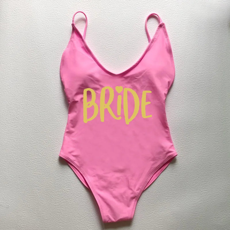 Sexy Padded Swimwear Women Team Bride Love Print One Piece Swimsuit Summer Bathing Suit Bachelor Party Beachwear backless bikini