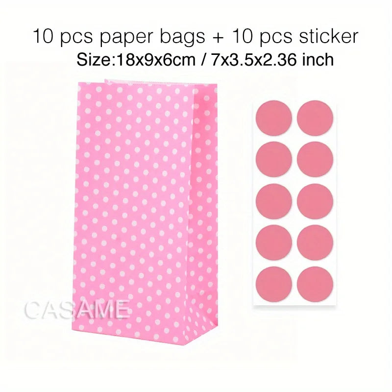 10 pcs Colorful Solid Stripe and Polka Dot Stand-Up Bags with Stickers - 18x9x6cm Favor Gift Packing Treat Bags for Wedding