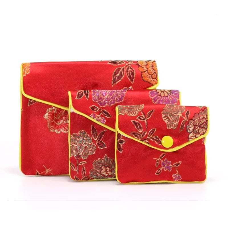 Hot High Quality Chinese Brocade Handmade Silk Embroidery Small Jewelry Gift Storage Pouch Bag Snap Case Satin Coin Purse 5pcs