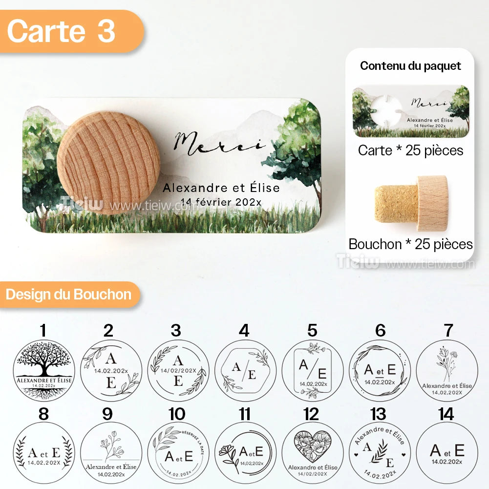 Personalized Cork bottle cap with thank you card for Marriage guests, embaved Wood thank you gifts, personalized Souvenirs for eco-friendly and rustic reception