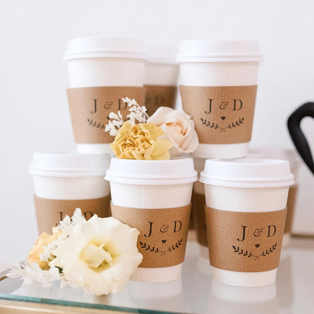 Personalized Disposable Ice Coffee Cup Sleeves Wedding Party Heat-Insulated Cup Holder Bar Reception Corrugated Paper Cup Cover