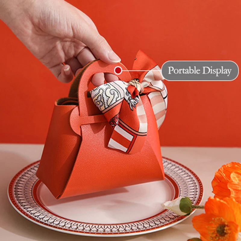 1PCS Leather Gift Bags Bow Ribbon Packaging Bag Wedding Favour Distributions Bags Eid Mubarak Candy Packaging Box Mini Handbag