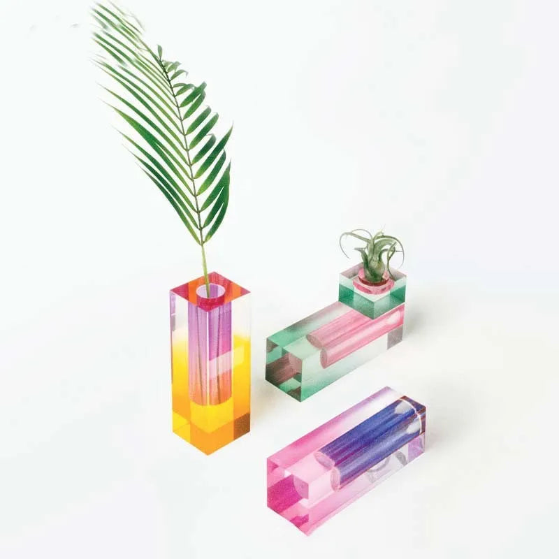 Modern Rainbow Pillar Bud Vase Tabletop Glass Vases Luxury Decorative Acrylic Crystal Nordic Room Decoration Home