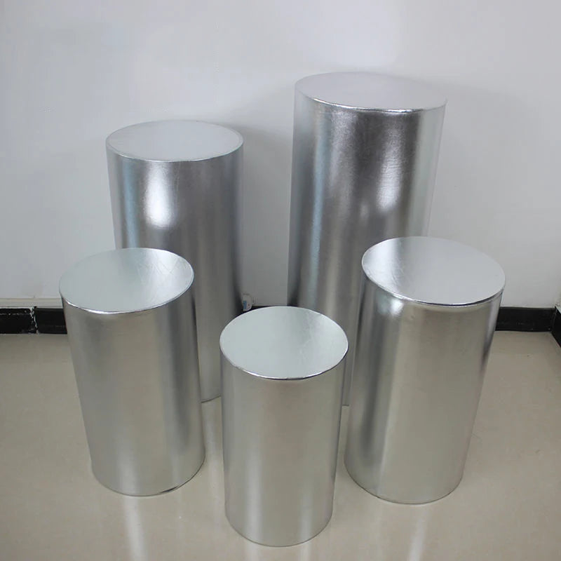 Metallic Gold and Silver Pink Red BLue White Shiny Fabric Stretch Cloth Elastic Pedestal Cylinder Table Covers Party Decoration