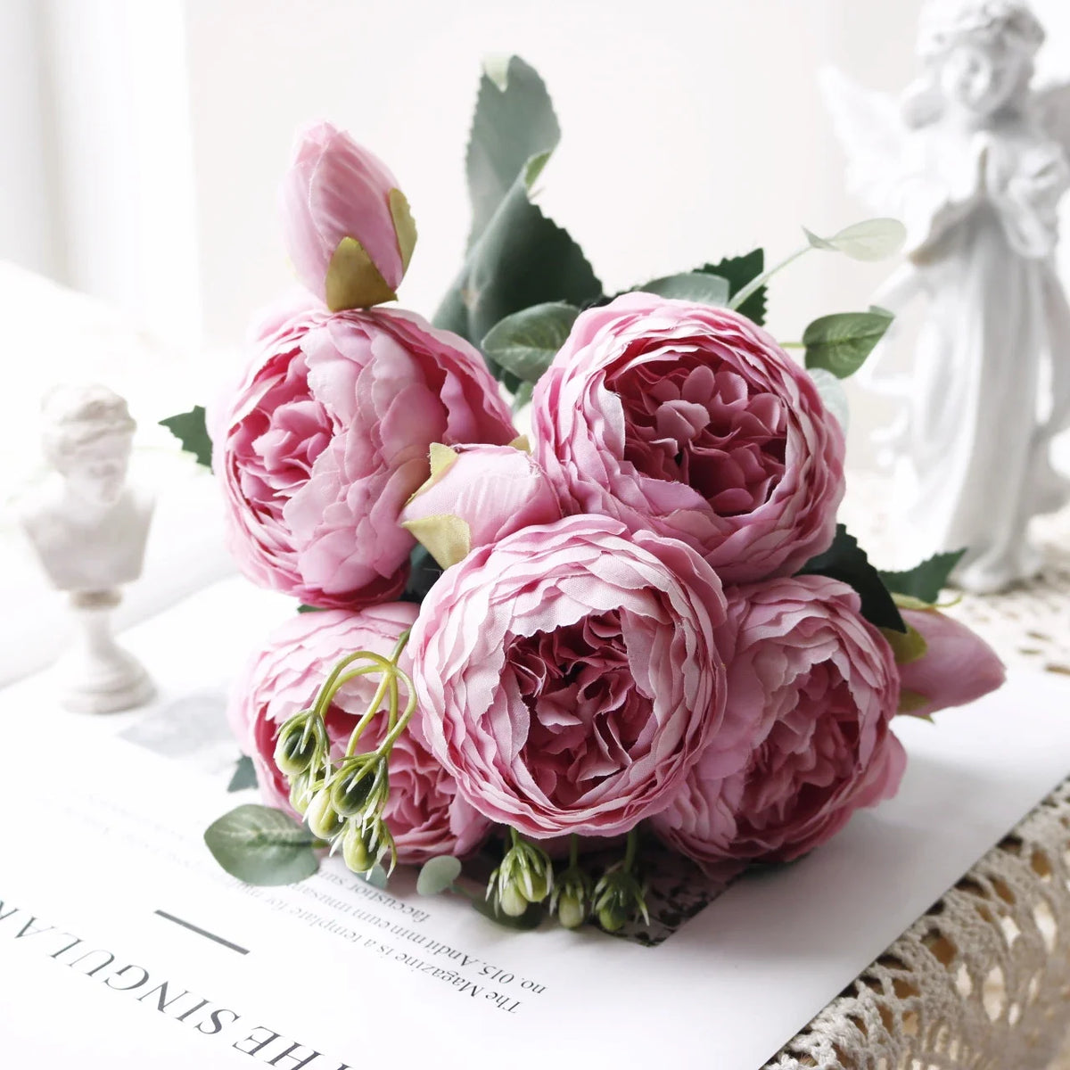30cm Rose White Peony Artificial Flowers Bouquet 5 Big Head and 4 Bud Cheap Fake Flowers for Home Wedding Decoration Indoor