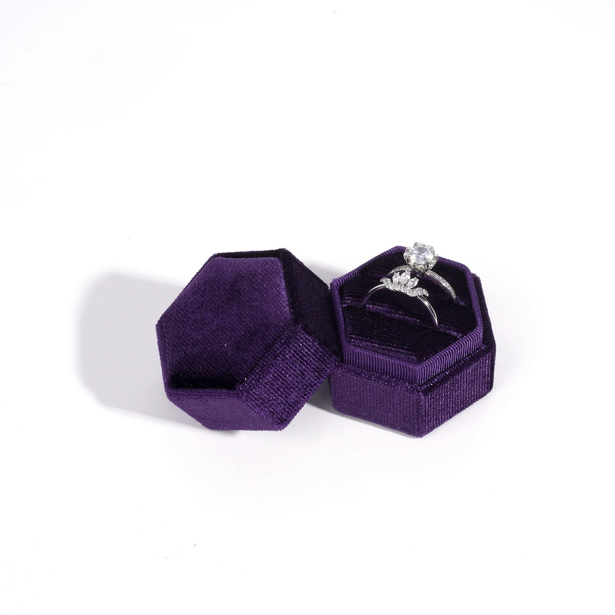 Vintage Hexagon Velvet Jewelry Double Ring Box Empty Case Holder for Engagement Wedding Ceremony Valentines Day Gift Organizer