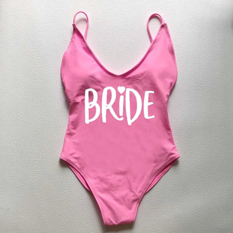 Sexy Padded Swimwear Women Team Bride Love Print One Piece Swimsuit Summer Bathing Suit Bachelor Party Beachwear backless bikini