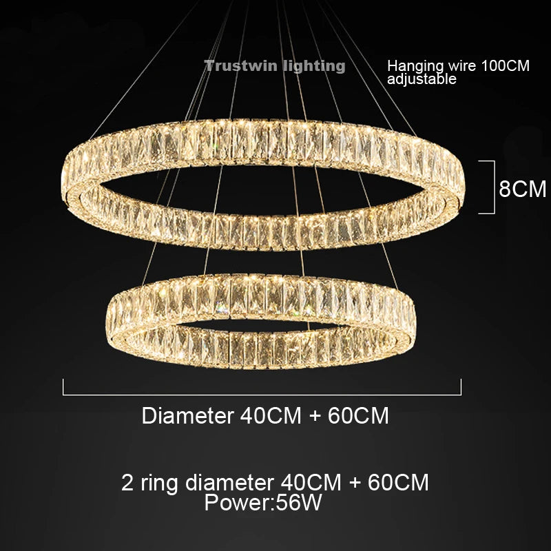 Round Crystal Chandelier Light LED Indoor Modern 40 60 80 100CM Circular Ring Hanging Lamp for Living Dinning Room Bedroom
