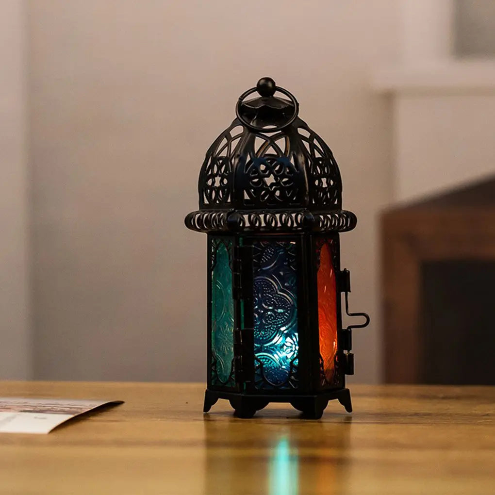 Glass Crystal Moroccan Candlestick Metal Hollow Candle Holder Home Coffee Shop Decoration Iron Hanging Candle Lantern