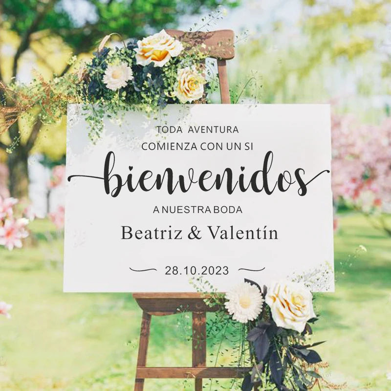 Spanish Wedding Welcome Sign Vinyls Sticker Personalized Wedding Board Frame Decals Customized Name Date Wedding Party Decor