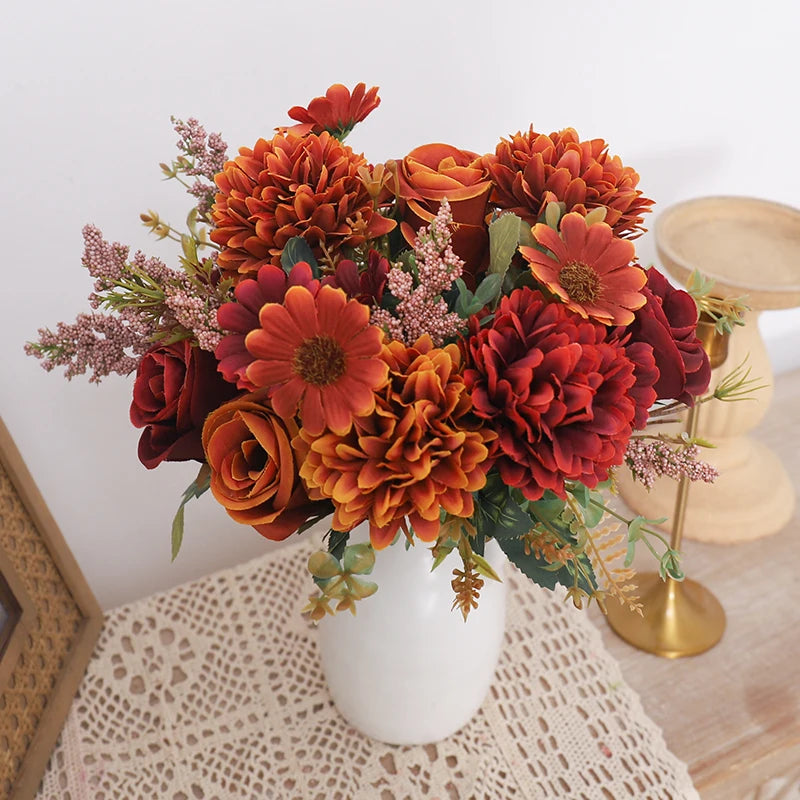 Autumn Artificial Flowers Rose Bride Bouquet Wedding Christmas Living Room Table Decoration For Vase Home DIY Fake Plants